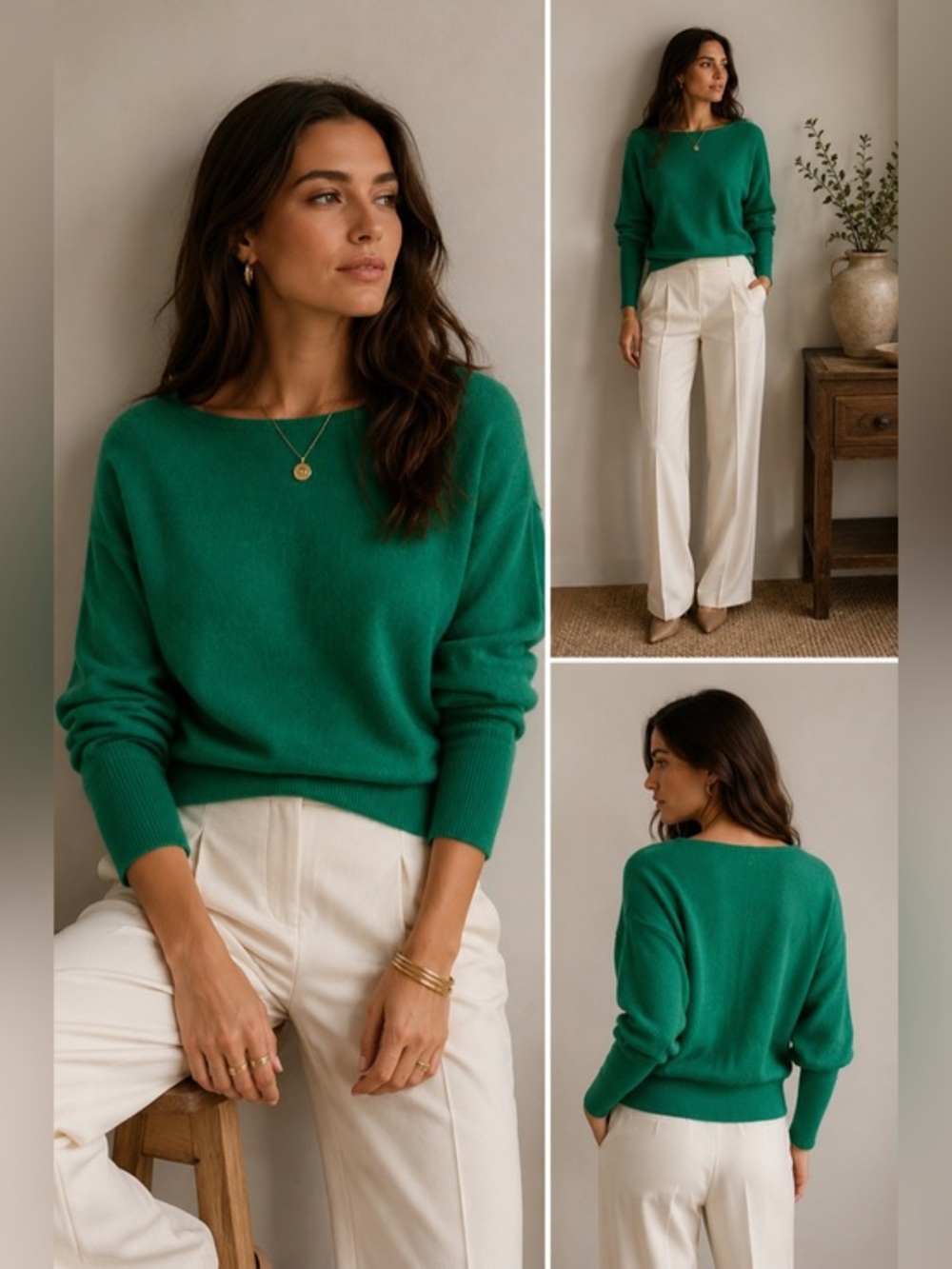 Tahari 100% Double Ply Cashmere Dolman Sleeve Sweater Green Size Small